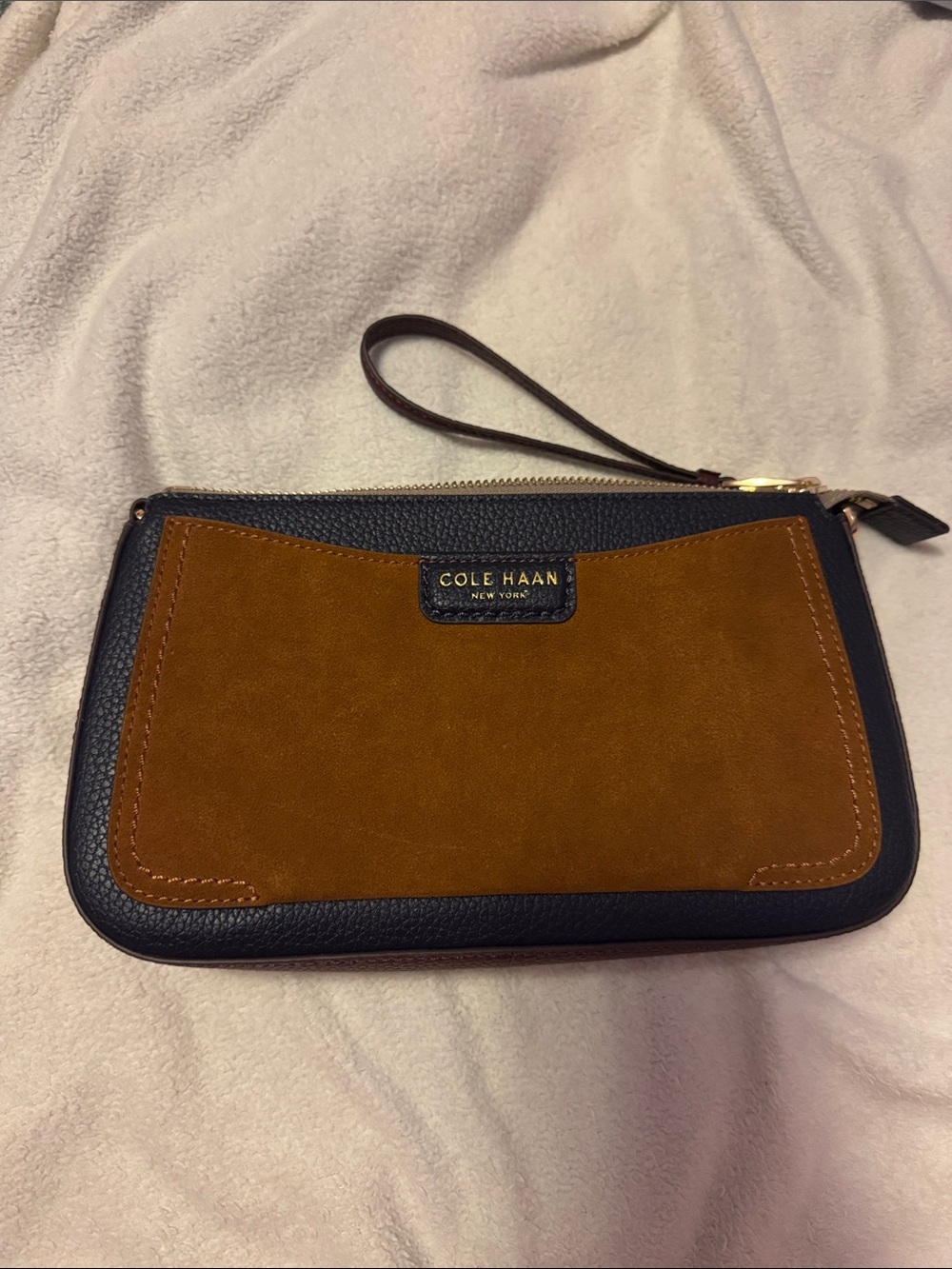 NWOT Cole Haan Brown Suede and Black Leather Clutch Leighton
